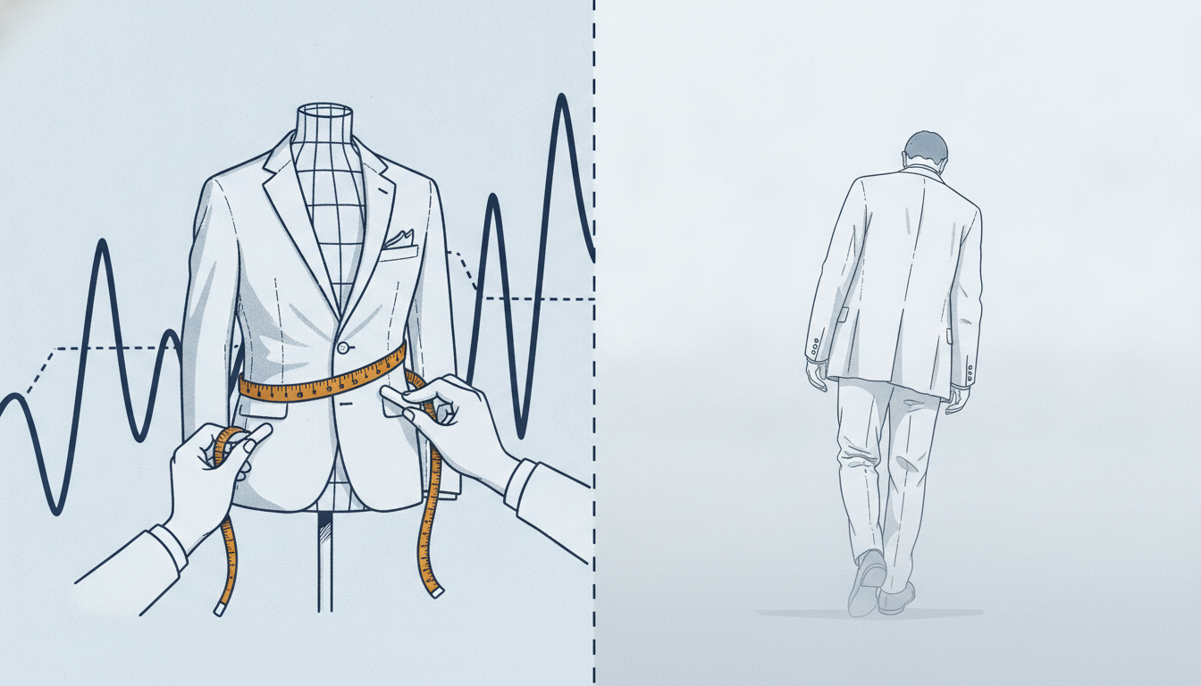 An illustration: hands with a tape measure fitting a jacket onto a mannequin set against a jagged price line; on the other side of a dashed line, a man in the same jacket walks away into pale fog.