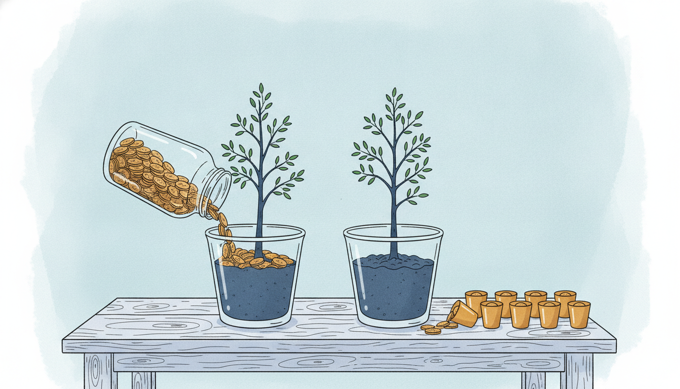 An illustration: two glass pots with a young tree in each. On the left a large jar pours all its gold coins into the pot at once; on the right a row of small cups full of coins waits beside the pot, one of them tipped.
