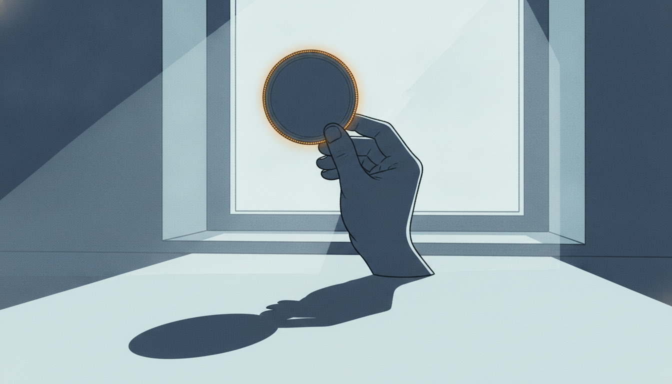 A hand seen in dark navy silhouette against a bright window, holding a single large coin up to the light between thumb and forefinger to inspect it. The rim of the coin catches a warm amber glow; everything else is calm blue and navy. No text or numbers.