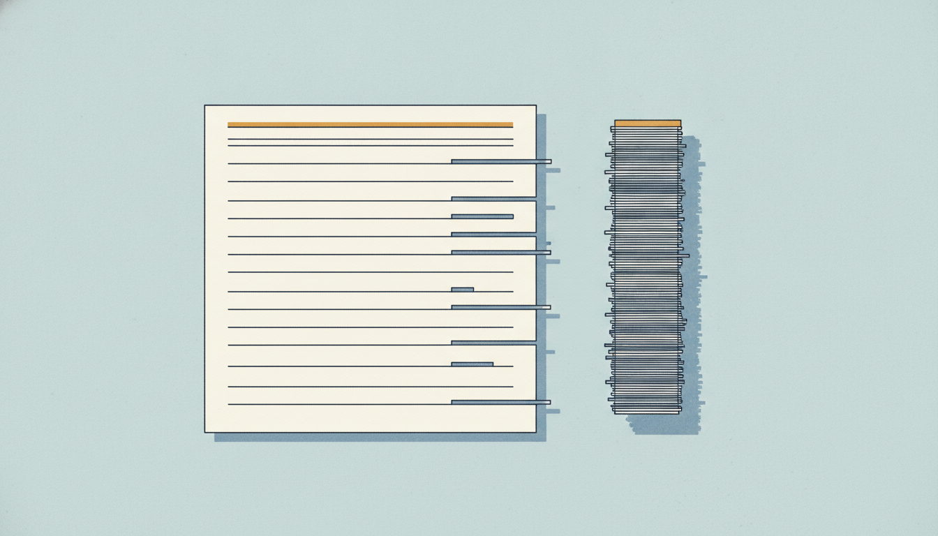 An illustration of a bank statement seen from above, with a thin sliver cut from most of its lines, and the slivers stacked into a pile beside the page.