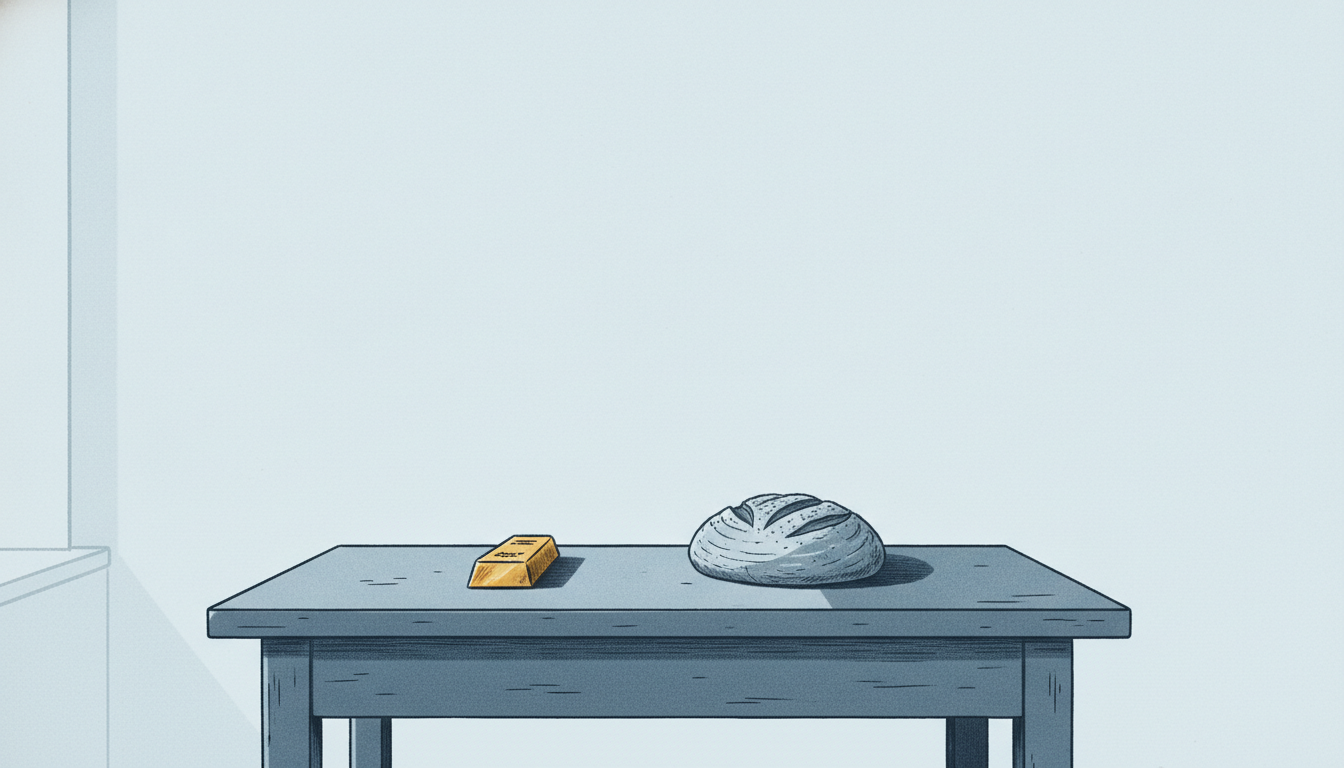 A plain dark wooden kitchen table seen straight on. On the left lies one small gold bar; on the right, a single round loaf of bread. Nothing else is on the table. Soft light falls from a window on the left; the wall behind is pale blue and empty.