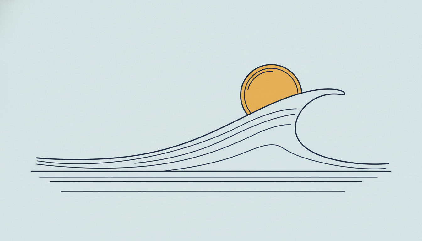 A single amber gold coin riding the crest of one long, slow wave that rolls across the frame, drawn as a few clean navy contour lines above faint level rules. Calm blue paper, no text or numbers.