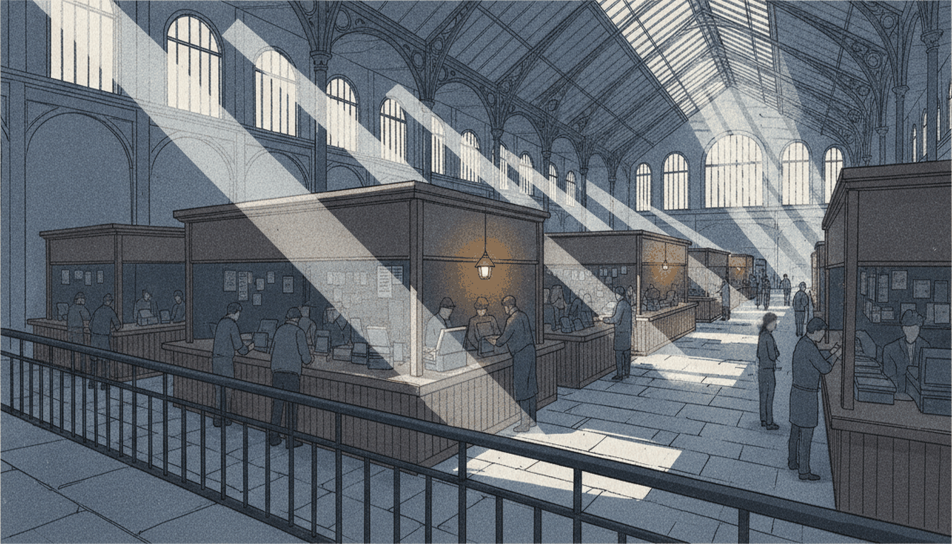 A covered market hall seen from a raised walkway during trading hours. Rows of wooden stalls recede into the distance under an iron and glass roof, with traders and customers leaning across the counters mid-transaction. Shafts of daylight cross the floor; one stall in the middle distance is lit by a warm amber lamp.